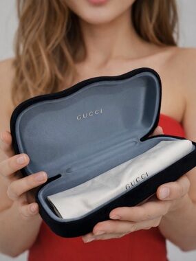 Gucci Black Exterior Eyewear Case with Gray Interior and White Pouch